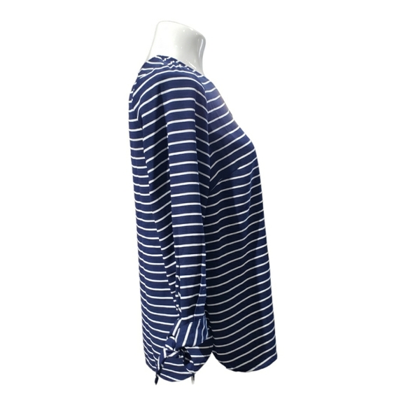 NWOT TALBOTS BLUE AND WHITE STRIPED TIE SLEEVE V-NECK BLOUSE. - Picture 3 of 6
